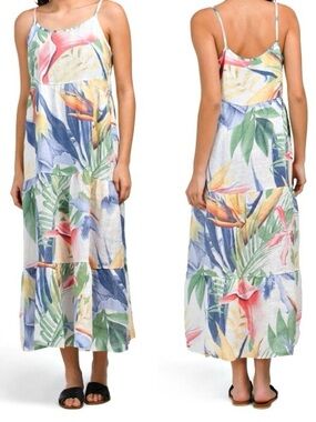 Elena Baldi 100% Linen Tropical Tiered Maxi Dress